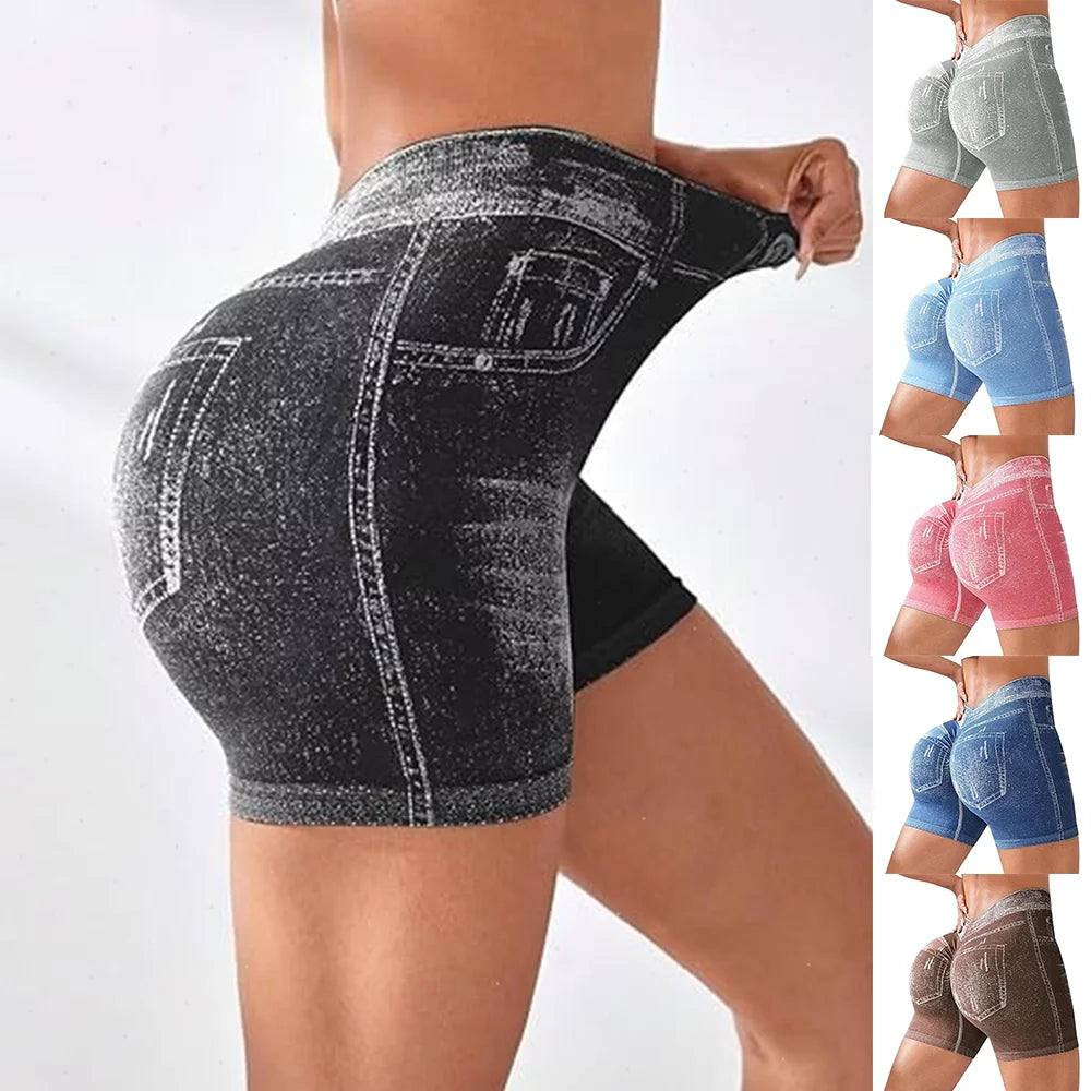 Shorts Deportivos Elásticos para Mujer, Efecto Levanta Glúteos, Corte Ajustado, para Gimnasio, Fitness, Yoga, con Espalda en V, Estilo Jeans
