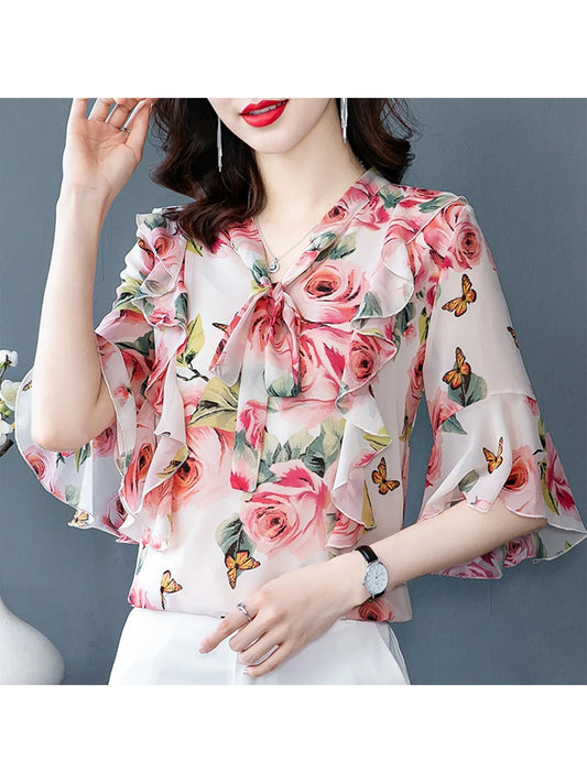 Blusas Elegantes e Informales para Mujer, Blusas con Mangas con Volantes, Camisas Florales, Ropa de Verano con Cuello en V