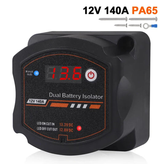 Aislador de batería Dual, relé sensible al voltaje Manual automático de 12V 140A con voltímetro Digital inteligente VSR para Camper, coche, RV, yate, barco