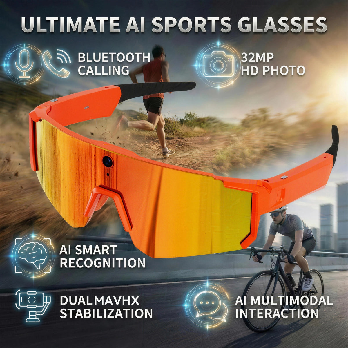 Gafas Inteligentes con Traducción por Voz IA, Cámara de Grabación de Video 1200P, Bluetooth, WiFi, Lentes Polarizadas Antivibración, Gafas de Sol Deportivas para Conducir