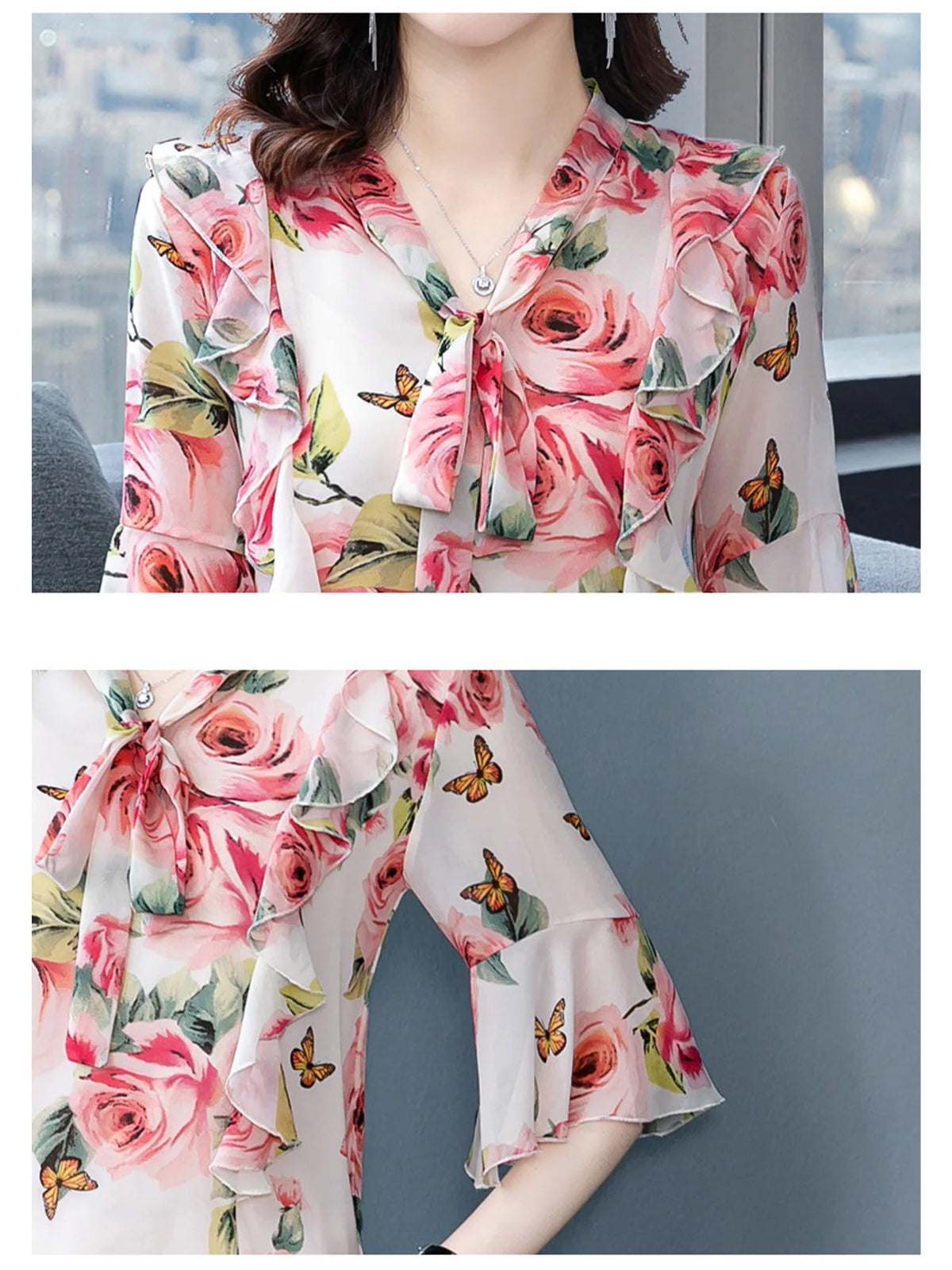 Blusas Elegantes e Informales para Mujer, Blusas con Mangas con Volantes, Camisas Florales, Ropa de Verano con Cuello en V