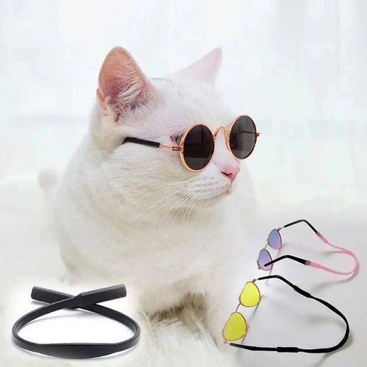 1-6 piezas Gafas de sol divertidas para mascotas, redondas de metal, estilo retro clásico para gatos, con correa antideslizante, accesorios para fiestas de mascotas y fotos