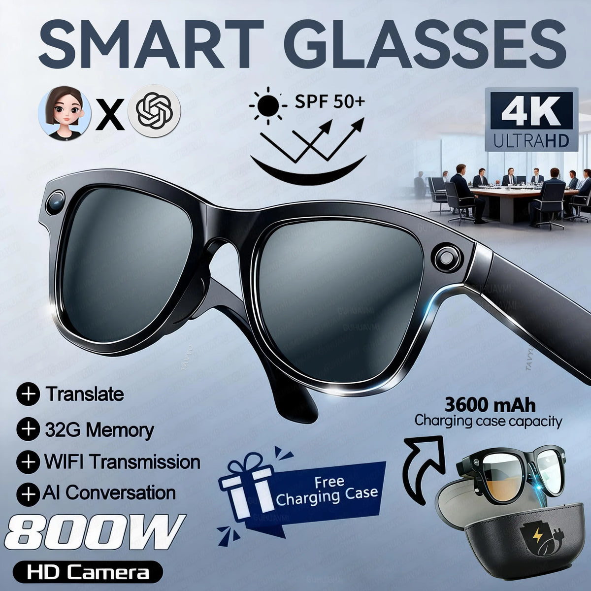 Gafas Inteligentes 2026 con Cámara 4K HD de 8MP, IA, Batería de 3600mAh, Memoria de 32G, Traducción en Más de 160 Idiomas, Resistentes al Agua, para Hombre y Mujer