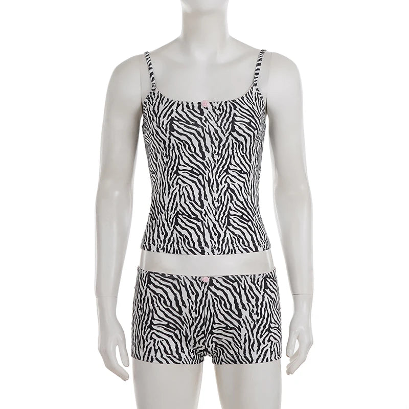 Conjunto de 2 piezas con estampado de cebra Y2k de SUCHCUTE, top elegante sin mangas con cuello en U + pantalones cortos ajustados, ropa de estar por casa sin espalda para mujer
