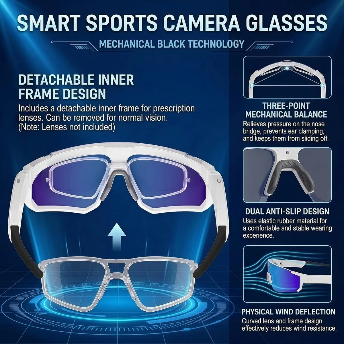 Gafas Inteligentes con Traducción por Voz IA, Cámara de Grabación de Video 1200P, Bluetooth, WiFi, Lentes Polarizadas Antivibración, Gafas de Sol Deportivas para Conducir