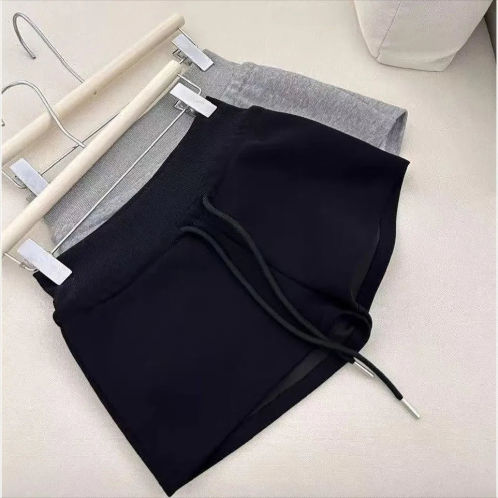 Pantalones Cortos Deportivos Casuales para Mujer con Cordón, de Talle Bajo, Negros/Grises, Ajustados, de Verano