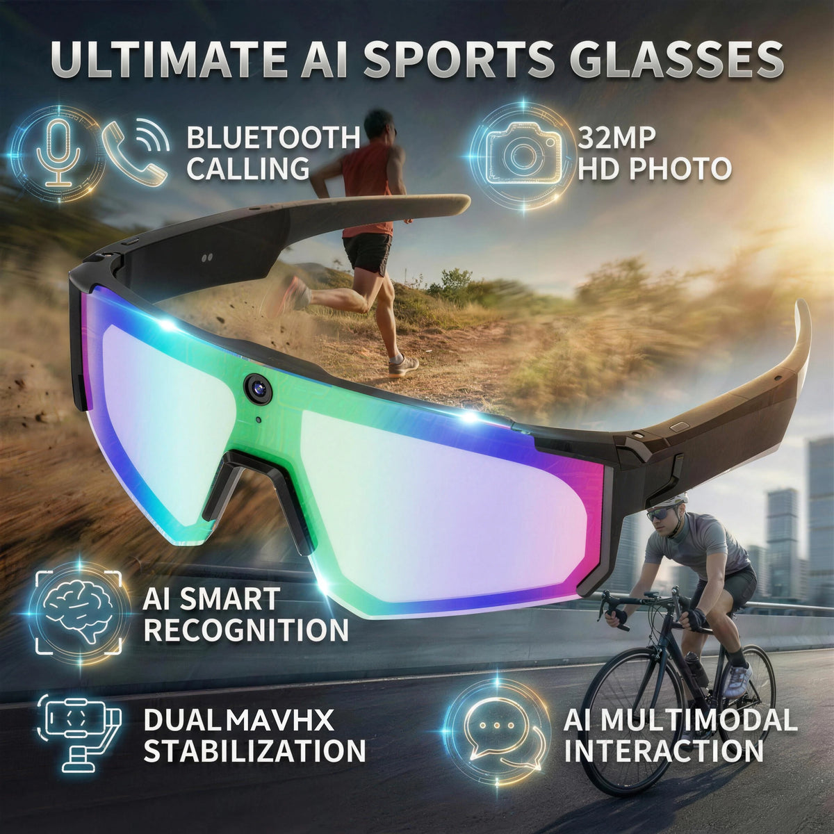 Gafas Inteligentes con Traducción por Voz IA, Cámara de Grabación de Video 1200P, Bluetooth, WiFi, Lentes Polarizadas Antivibración, Gafas de Sol Deportivas para Conducir