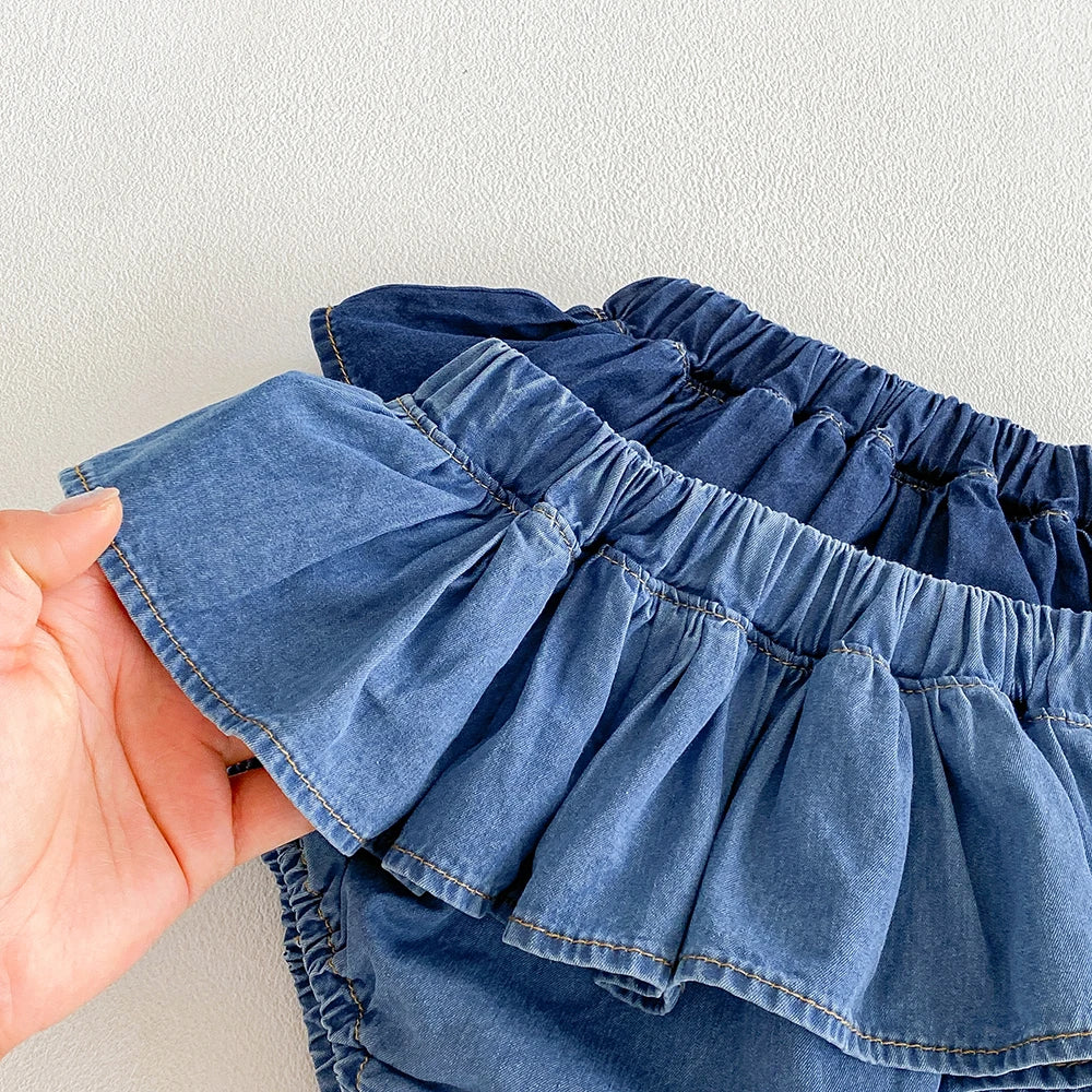 Falda pantalón vaquera para bebés y niñas, con volantes, cintura elástica, tipo tutú, para verano