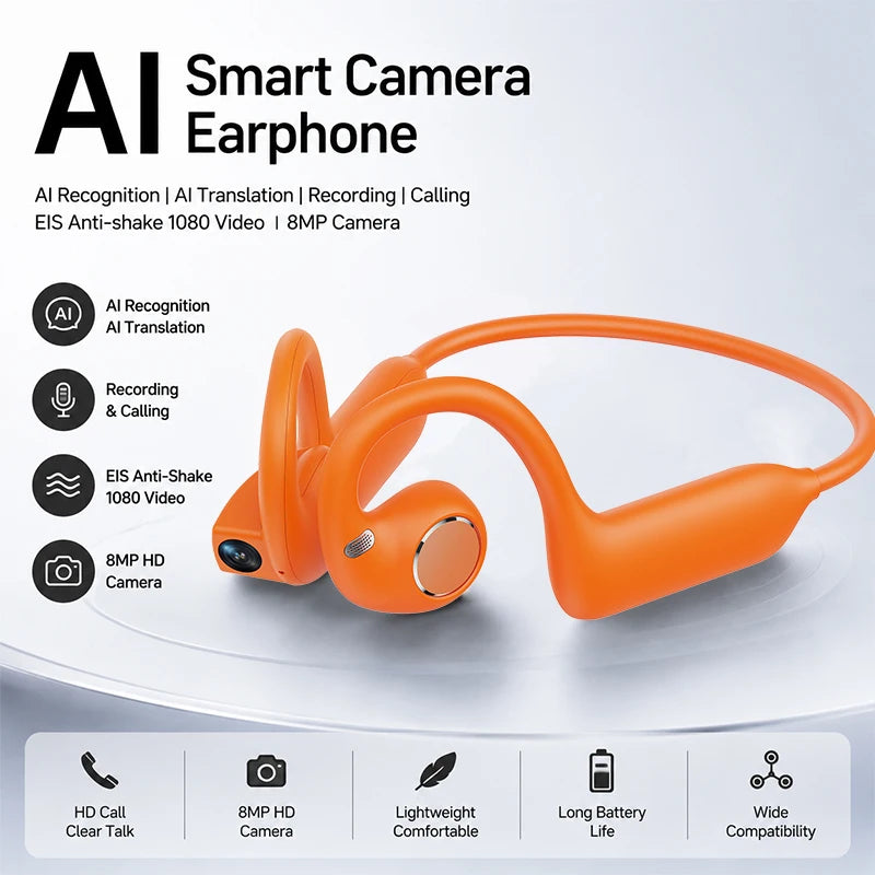 Auriculares Bluetooth Inalámbricos con Cámara IA de Oreja Abierta, Estabilización EIS de 800W Píxeles, Video 1080P, Reconocimiento IA, Traducción, Auriculares Deportivos