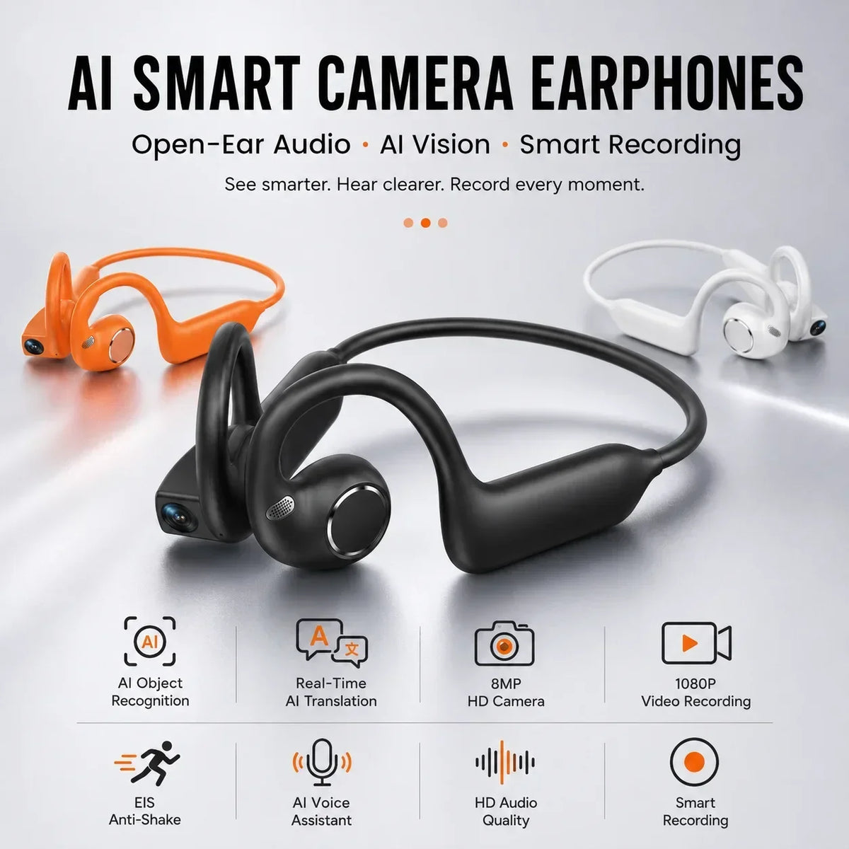 Auriculares Bluetooth Inalámbricos con Cámara IA de Oreja Abierta, Estabilización EIS de 800W Píxeles, Video 1080P, Reconocimiento IA, Traducción, Auriculares Deportivos