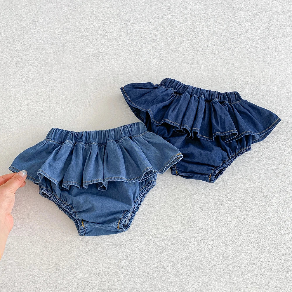 Falda pantalón vaquera para bebés y niñas, con volantes, cintura elástica, tipo tutú, para verano