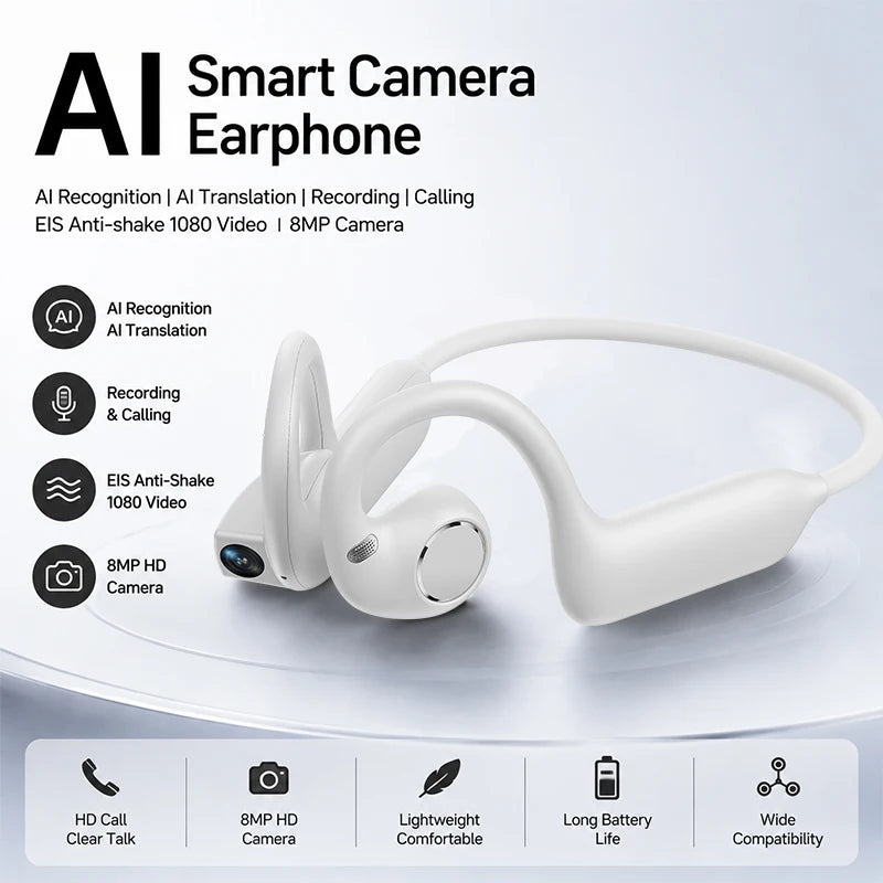 Auriculares Bluetooth Inalámbricos con Cámara IA de Oreja Abierta, Estabilización EIS de 800W Píxeles, Video 1080P, Reconocimiento IA, Traducción, Auriculares Deportivos