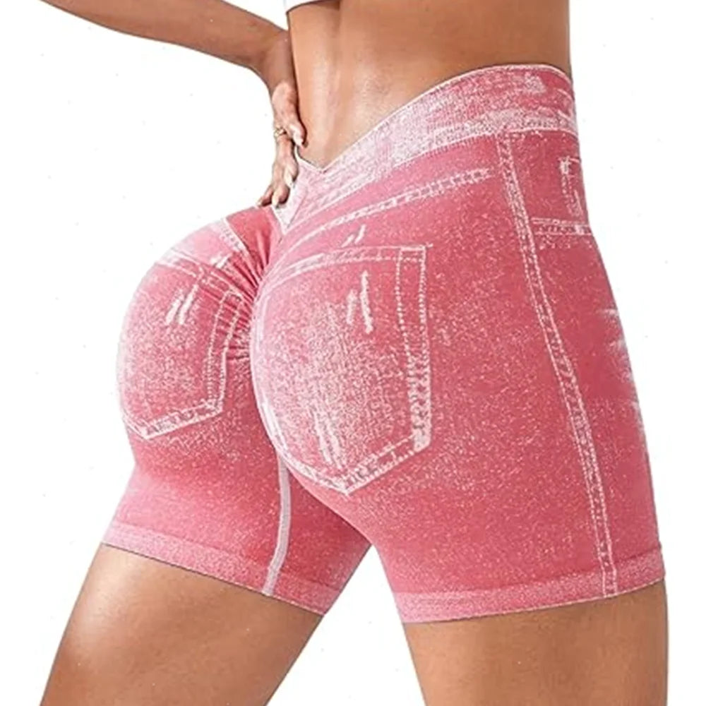 Shorts Deportivos Elásticos para Mujer, Efecto Levanta Glúteos, Corte Ajustado, para Gimnasio, Fitness, Yoga, con Espalda en V, Estilo Jeans