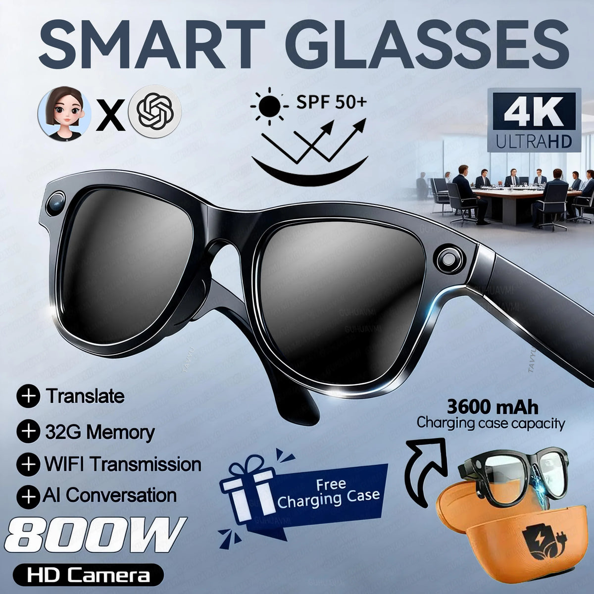 Gafas Inteligentes 2026 con Cámara 4K HD de 8MP, IA, Batería de 3600mAh, Memoria de 32G, Traducción en Más de 160 Idiomas, Resistentes al Agua, para Hombre y Mujer