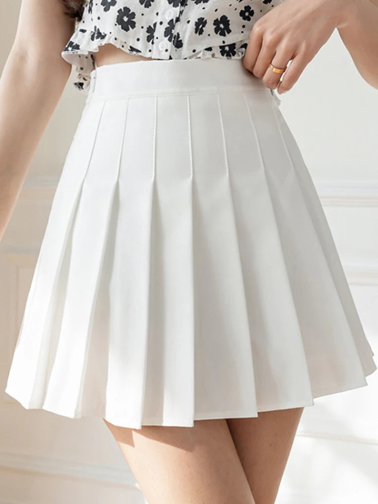 ZOKI-faldas plisadas blancas para mujer, minifaldas de baile JK con cremallera de cintura alta para verano, moda negra para estudiantes, Faldas de línea A 2023