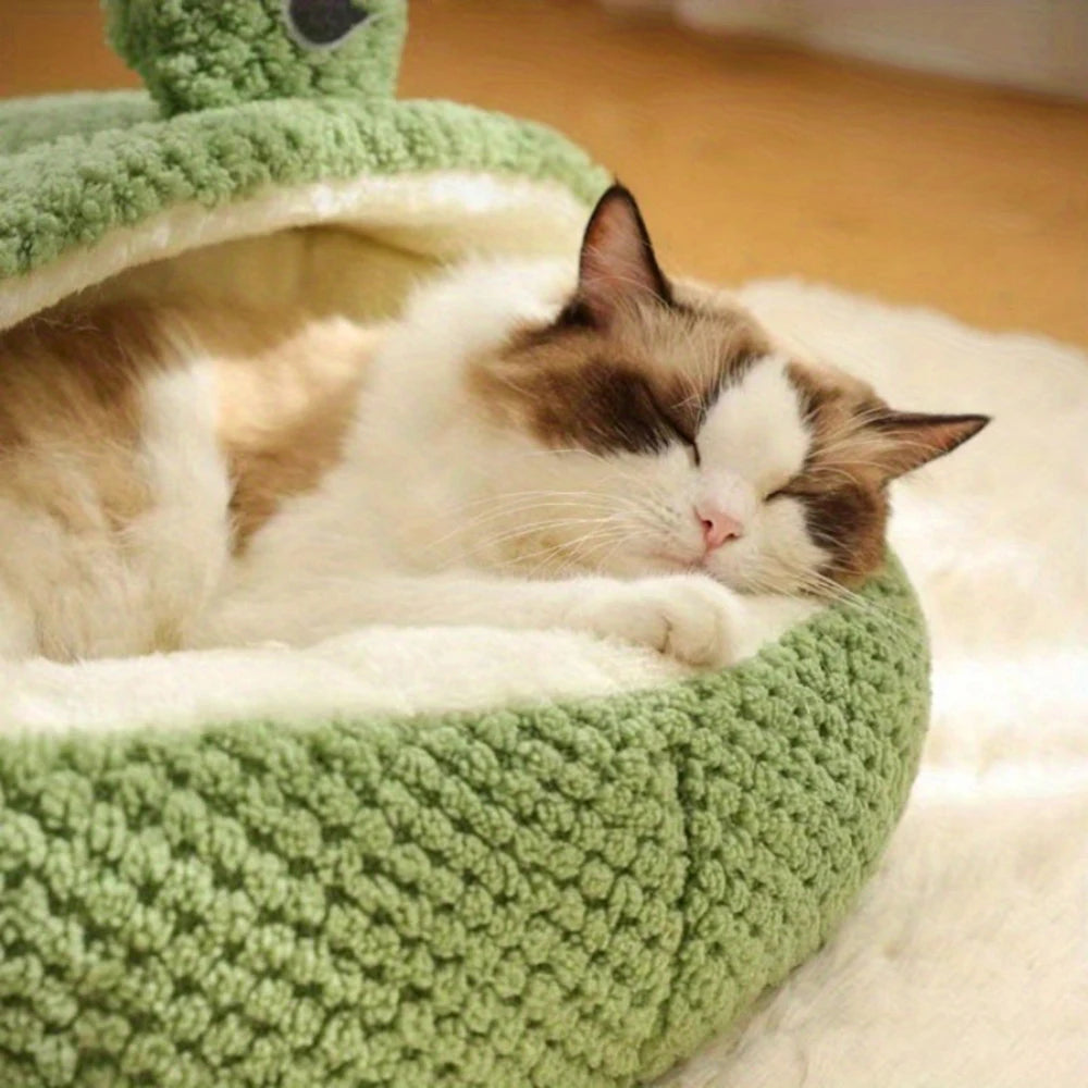Cama para gatos semicerrada, nido pequeño y Adorable para mascotas con forma de rana para perros y gatos, cómoda y transpirable, cueva para gatos de peluche, sueño cálido para interiores