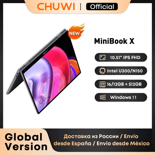Portátil 2 en 1 CHUWI MiniBook X, Intel U300/N150, Pantalla IPS FHD de 10.51 Pulgadas, 16GB / 12GB RAM LPDDR5, 512G SSD, Windows 11