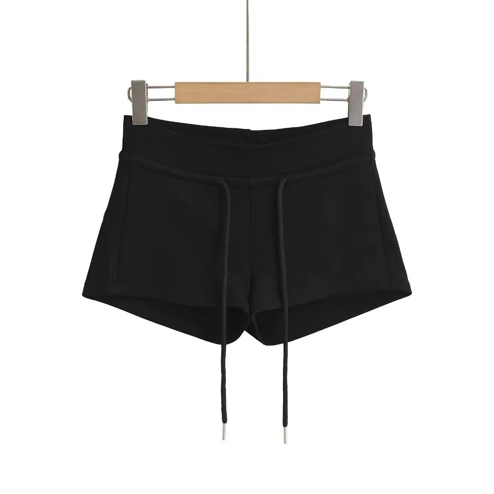 Pantalones Cortos Deportivos Casuales para Mujer con Cordón, de Talle Bajo, Negros/Grises, Ajustados, de Verano