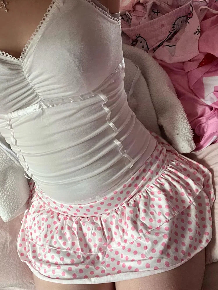 Minifalda de Verano para Mujer, Estilo Y2K Coquette, Informal, con Estampado de Lunares Rosas, Cintura Baja, Doble Capa, con Volantes, Corte A, Ajustada
