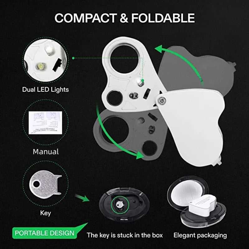 Lupa de joyería iluminada 30X 60X, lupa de joyería plegable con luz LED brillante para gemas, joyería, monedas, sellos