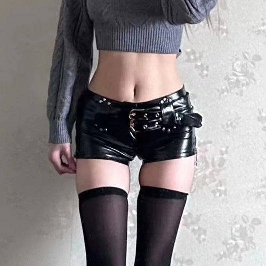 Moda Pu cinturón de cuero Ultra pantalones cortos botas de cintura baja Spice Girl Y2k pantalones cortos de vestir Sexy Vintage pantalones cortos de mujer