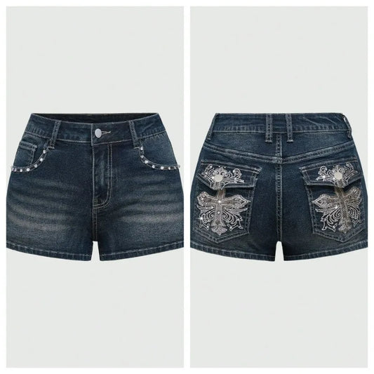 Shorts de mezclilla coreanos sexys de cintura baja para mujer, estilo Y2K americano, elásticos, ajustados, de algodón, con bordado, tipo Jorts, para verano