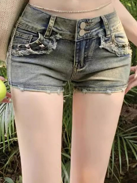 Pantalones cortos coreanos Retro Y2k para mujer, pantalones cortos Vintage de calle alta para mujer, pantalones vaqueros cortos de cintura baja elásticos envueltos en la cadera