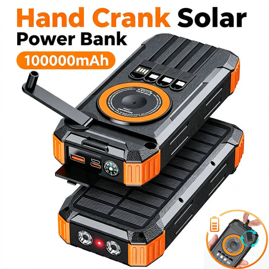Generador de Energía Solar con Manivela, Banco de Energía de Alta Capacidad, Cargador Inalámbrico con 4 Cables Integrados, Luz LED para Emergencias al Aire Libre