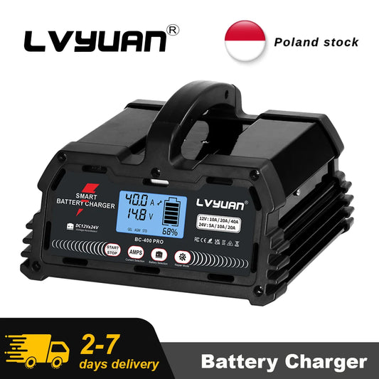 LVYUAN 20A 25A 30A 40A Cargador de batería para batería de plomo-ácido de 12V 24V/LiFePO4/AGM/STD/ Gel/EFB con función de reparación de pulso