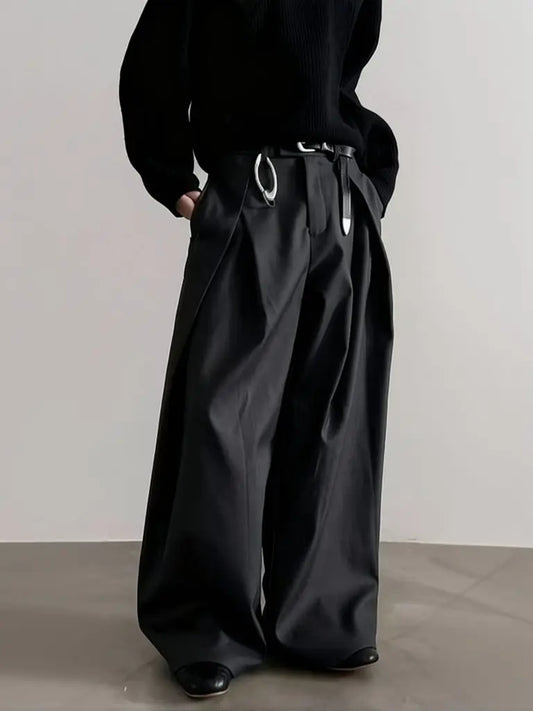 Pantalones de Traje de Pierna Ancha Estilo Harajuku para Hombre, Plisados, Curvos, Rectos, Largos, Casuales, Holgados, Estilo Urbano