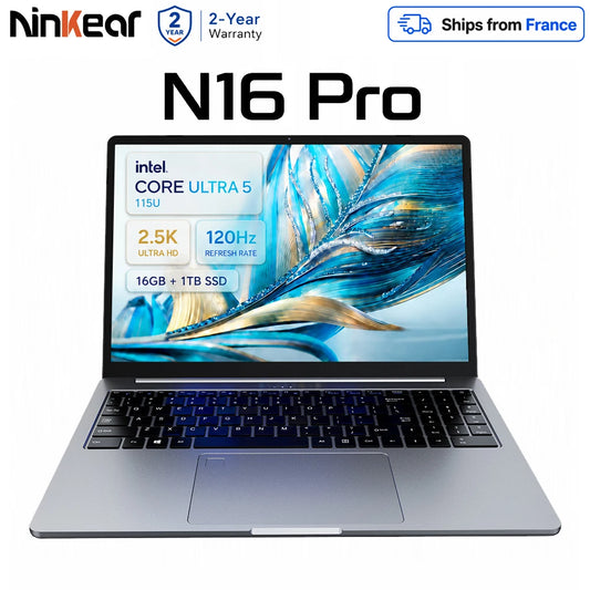 Ninkear N16 Pro Portátil IA Intel Core Ultra 5 115U Pantalla IPS 16 Pulgadas 2.5K 120Hz 100% sRGB 16GB LPDDR5 1TB SSD WiFi 6 Teclado Retroiluminado Huella Dactilar Carga PD 65W Windows 11