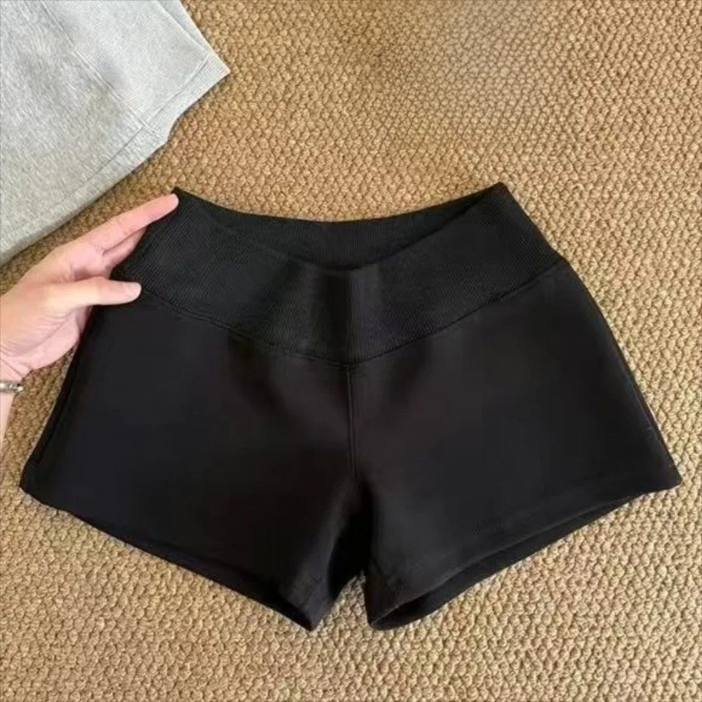Pantalones Cortos Deportivos Casuales para Mujer con Cordón, de Talle Bajo, Negros/Grises, Ajustados, de Verano