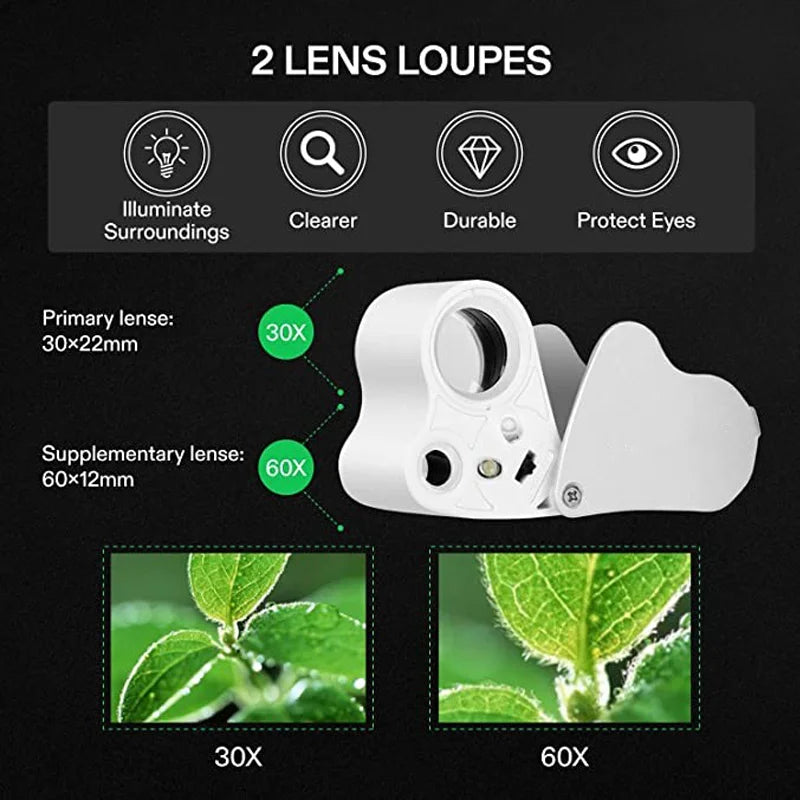 Lupa de joyería iluminada 30X 60X, lupa de joyería plegable con luz LED brillante para gemas, joyería, monedas, sellos