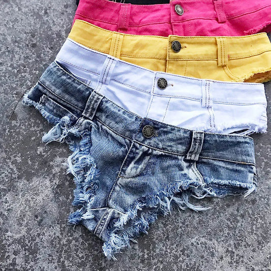 Qisin 2023 nuevas mujeres Sexy cintura baja agujero borla pantalones cortos de mezclilla Jeans Tanga corto femenino