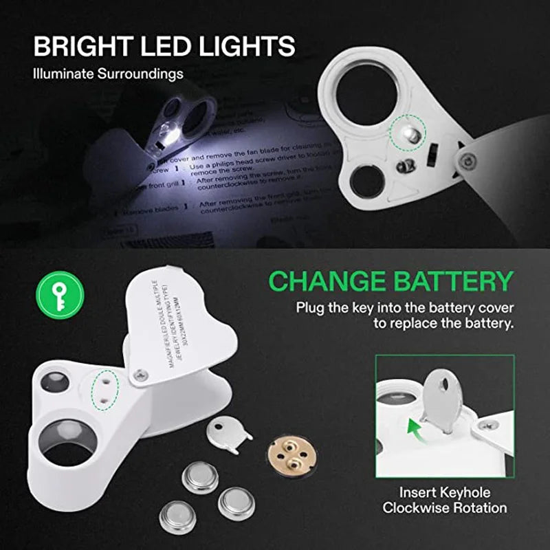 Lupa de joyería iluminada 30X 60X, lupa de joyería plegable con luz LED brillante para gemas, joyería, monedas, sellos