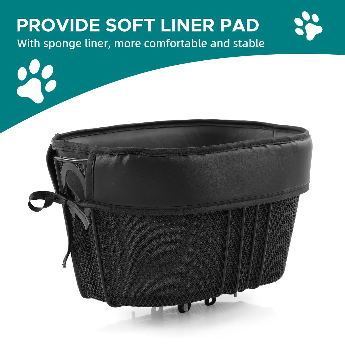 Cesta de ciclismo para perros, cesta de compras portátil para gatos y perros, barra transversal delantera con forro de esponja, correa de seguridad negra