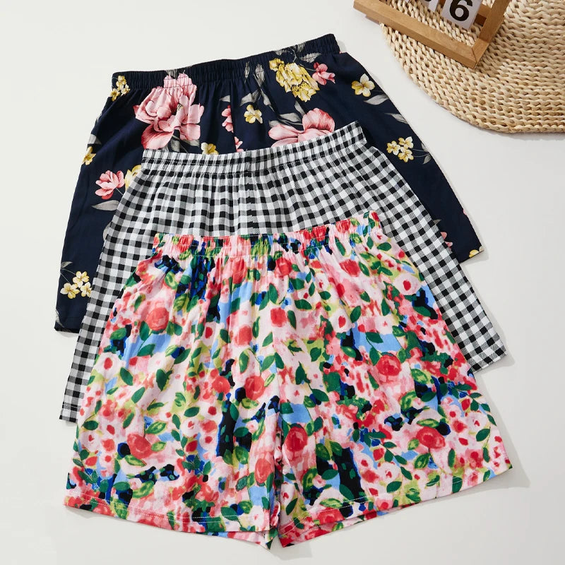 Pantalones cortos de verano para mujer, pantalones cortos holgados de 100% viscosa con cuadros florales para el hogar, pantalones cortos informales suaves y cómodos con cintura elástica