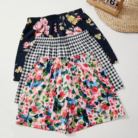 Pantalones cortos de verano para mujer, pantalones cortos holgados de 100% viscosa con cuadros florales para el hogar, pantalones cortos informales suaves y cómodos con cintura elástica